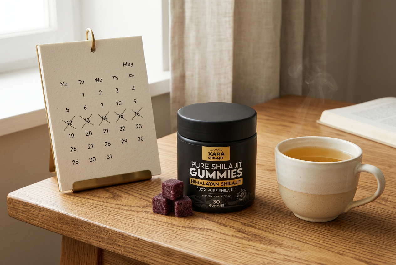 Desk calendar with ticked-off days beside a XARA jar and morning tea