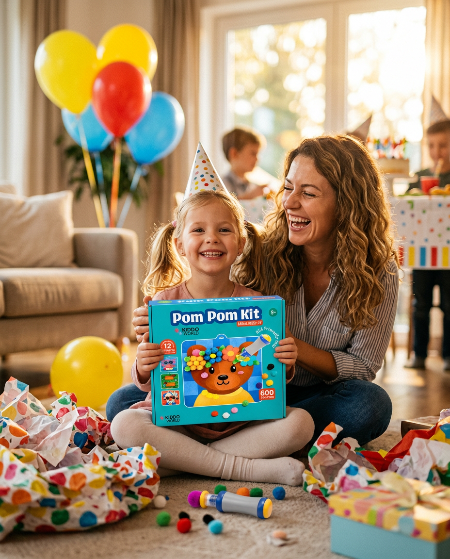 Kislány a születésnapi zsúron boldogan mutatja a kibontott Pom Pom Kit készletet, mellette nevet az anyukája