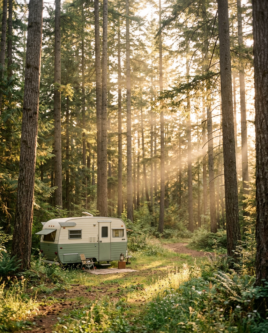Vintage camper trailer in a sunlit pine forest