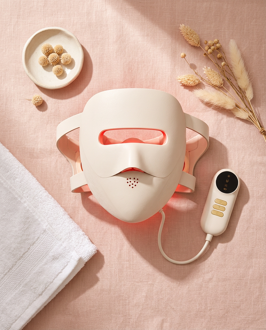 Nelvaria LED mask and remote laid on blush linen with a towel and dried flowers