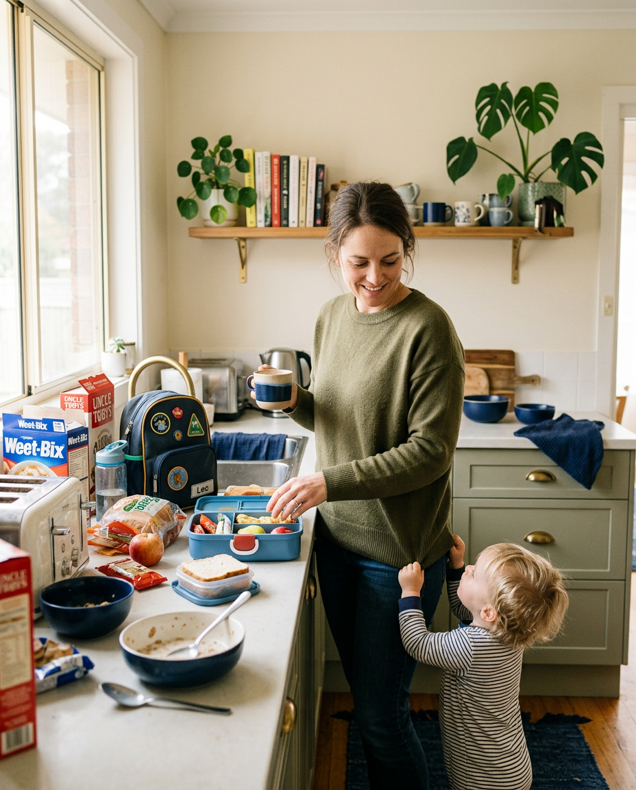 Busy mum packing a school lunchbox with a coffee in hand while her toddler tugs at her shirt