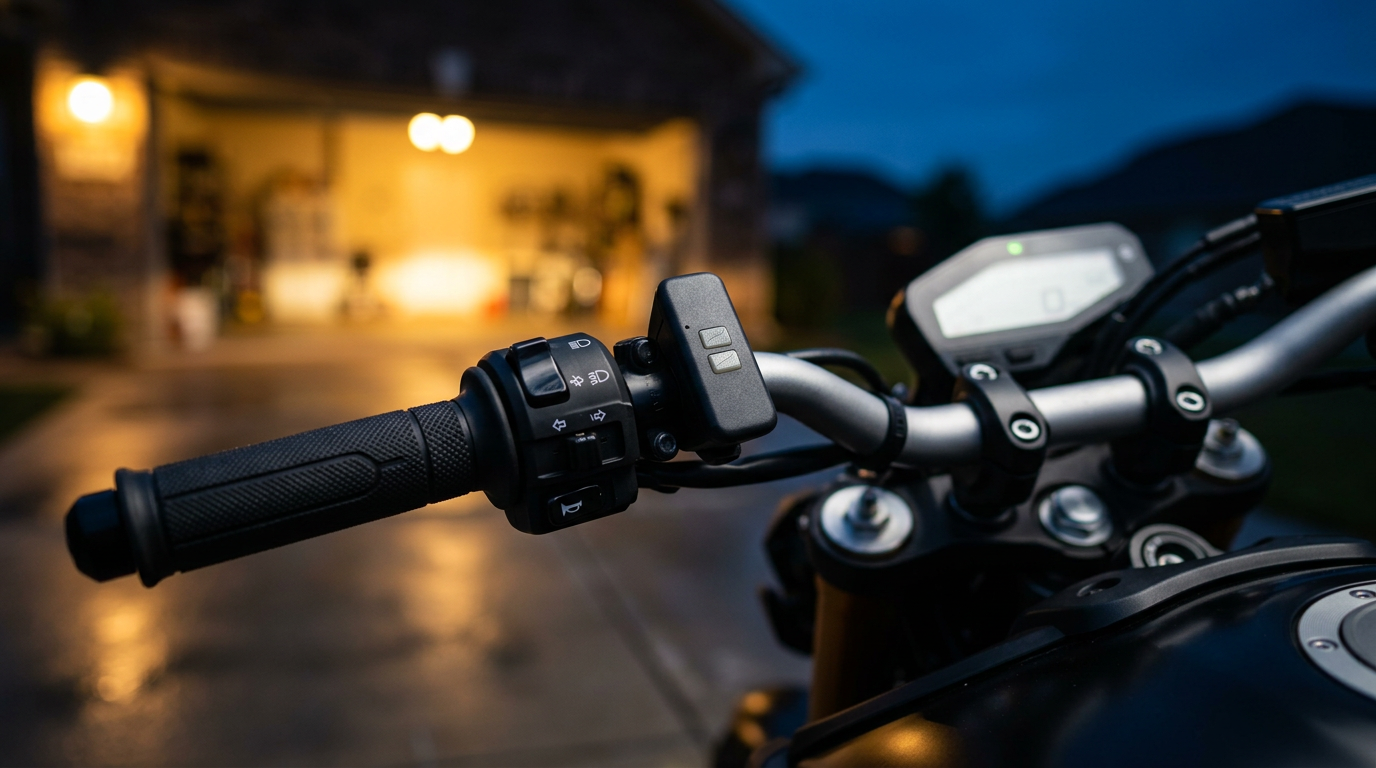 CycleOpen remote mounted on a motorcycle handlebar inboard of the left switch controls at dusk, open garage in the background
