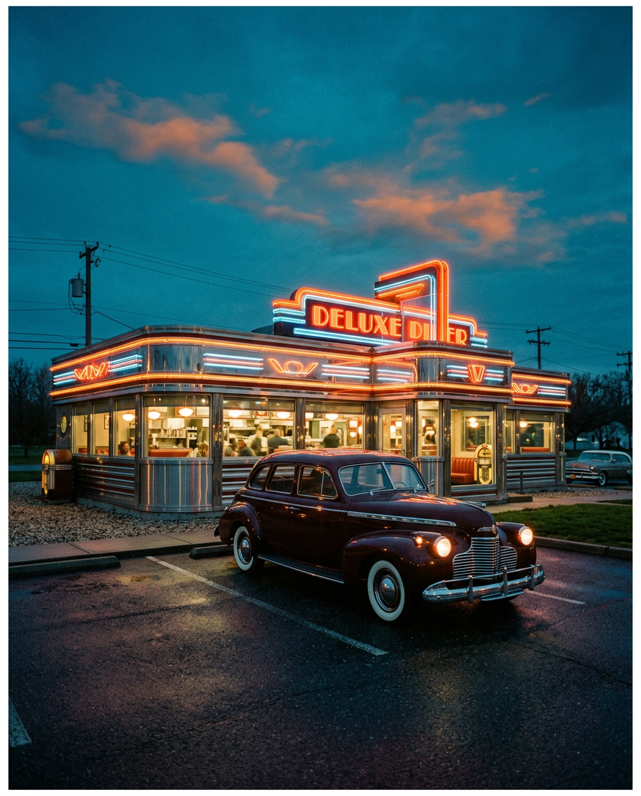 Roadside diner glowing at blue hour with a classic car out front