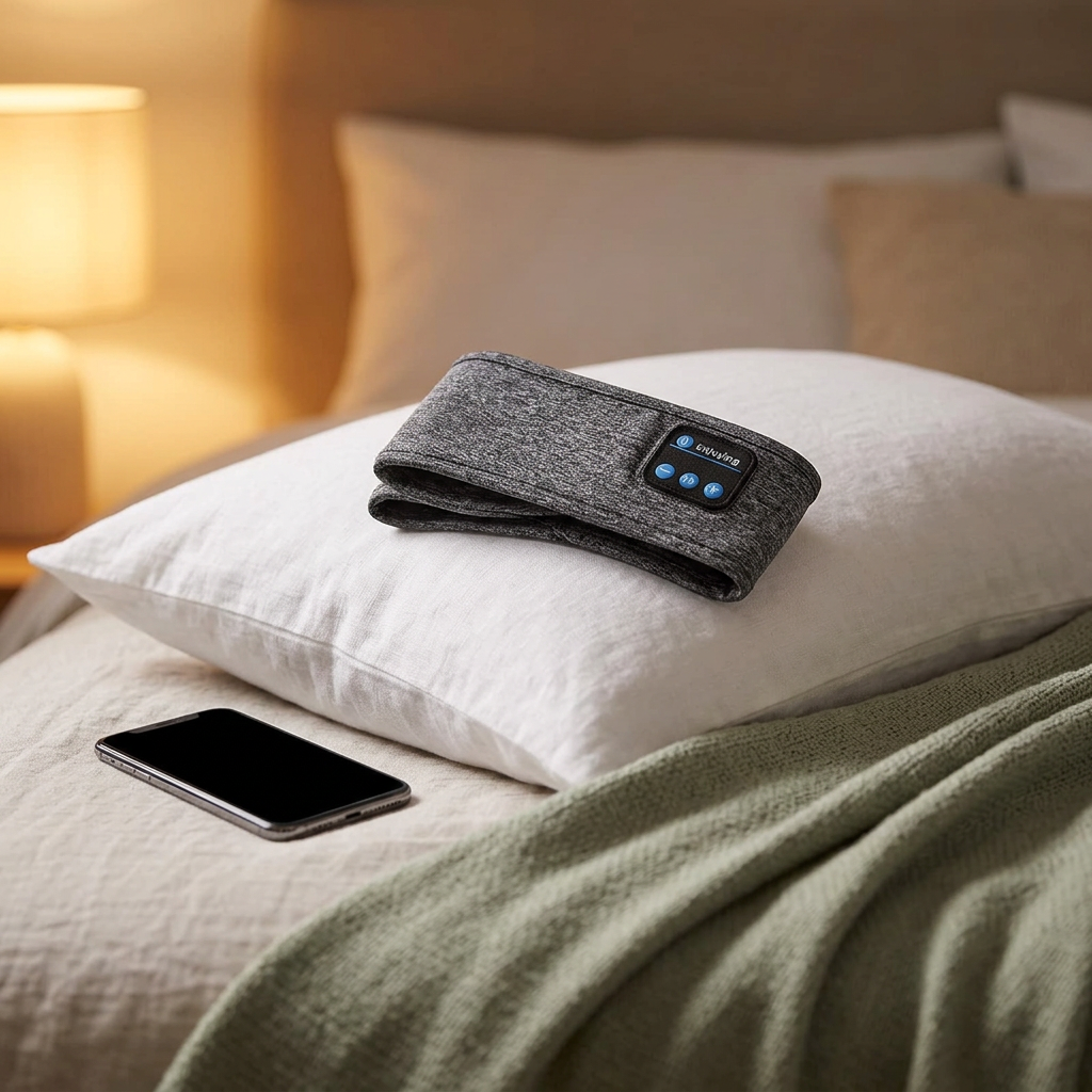 Sleep headband folded on a linen pillow beside a phone in lamplight