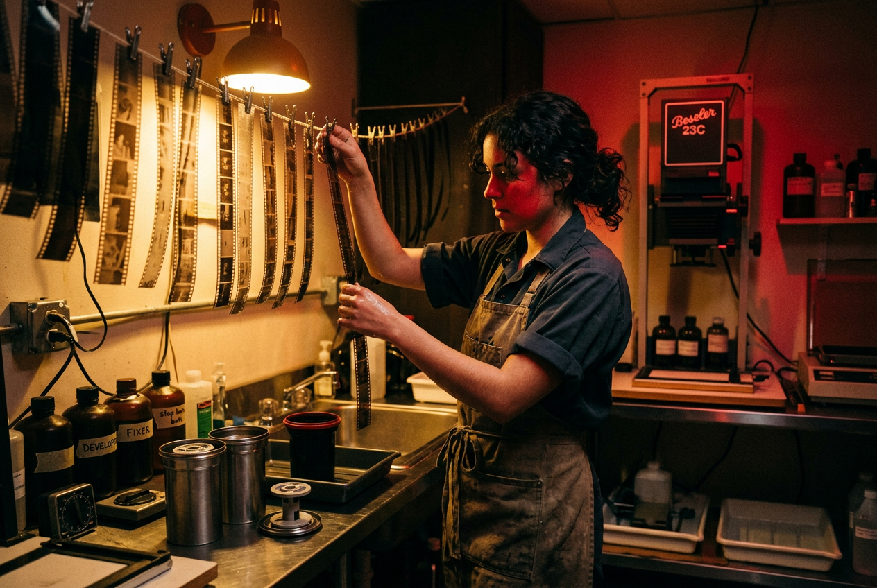 Pinewink technician hanging freshly developed negatives under a red safelight