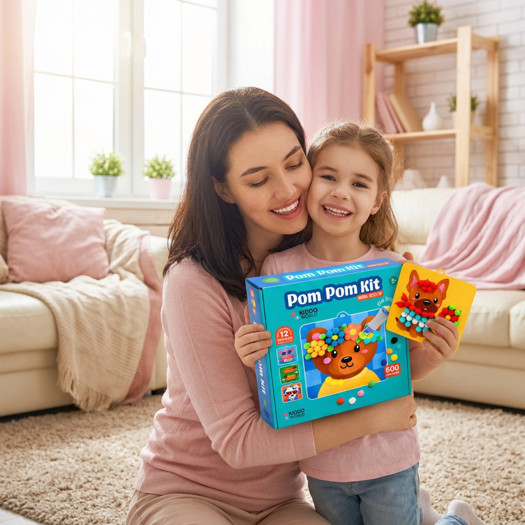 Anyuka megöleli a lányát, aki boldogan tartja a Pom Pom Kit készletet