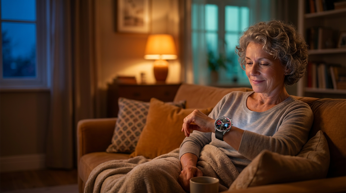 Woman reading her VitalityWatch screen on the sofa without glasses