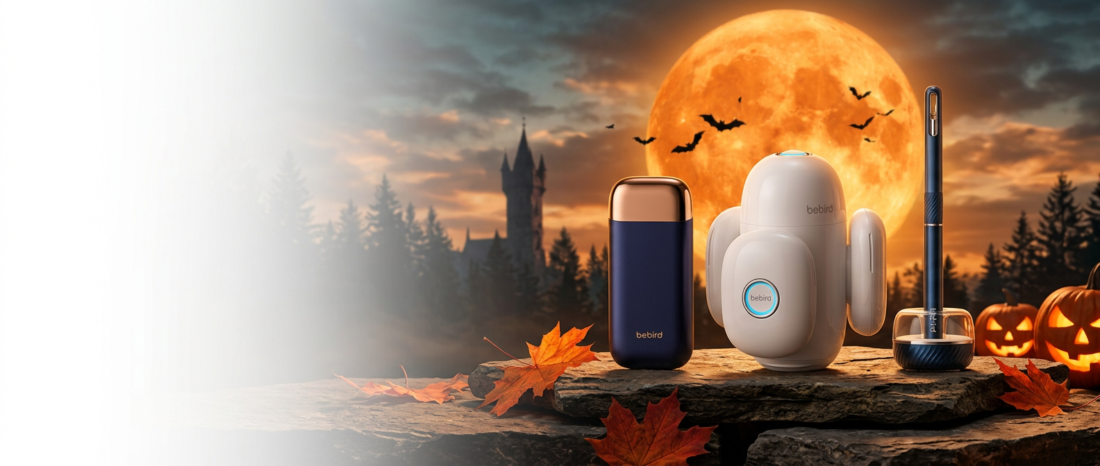 Bebird ear cleaners on autumn rocks under a glowing Halloween full moon with bats and jack-o'-lanterns