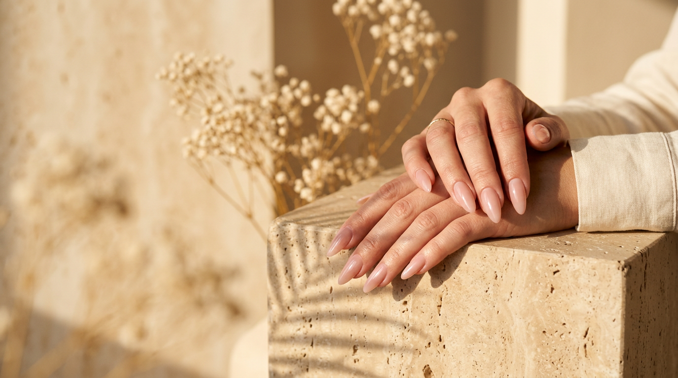 Handen met lange, glanzende roze-nude polygel nagels op een beige travertin sokkel