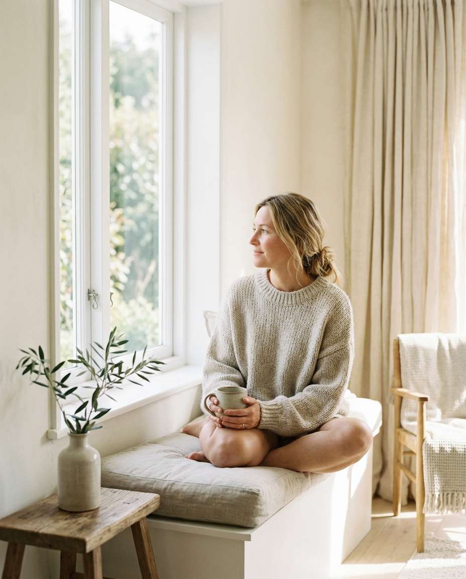 A woman relaxing by a sunlit window with a cup of tea