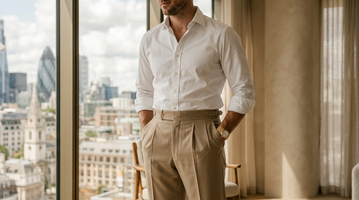 Man in beige pleated tailored trousers and a white shirt in a bright city apartment