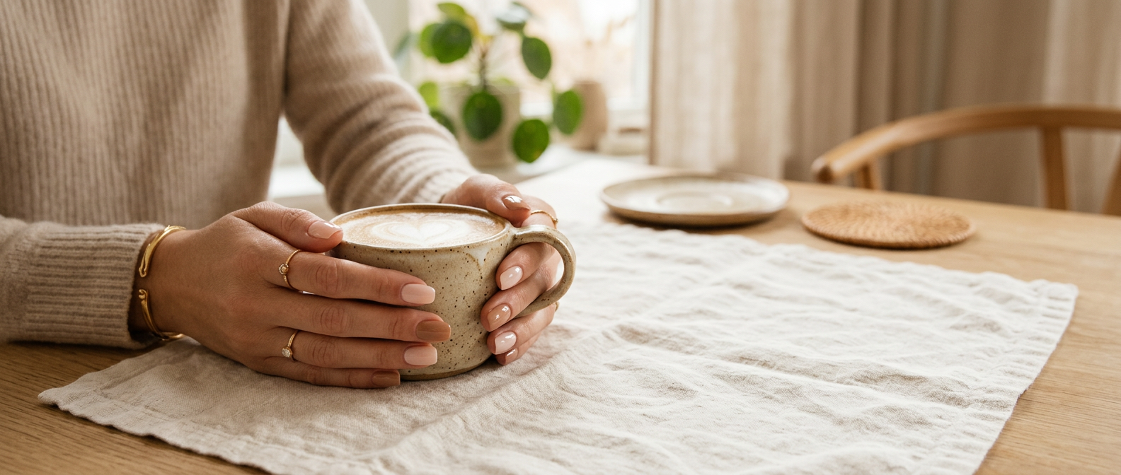 Handen met melkachtig nude gelakte nagels rond een latte op linnen