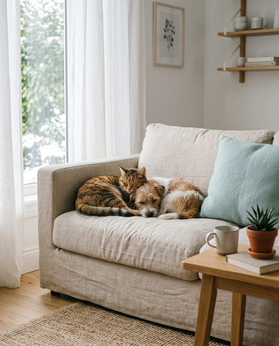 En katt och en liten hund ligger hopkrupna på en ren, ljus linnesoffa