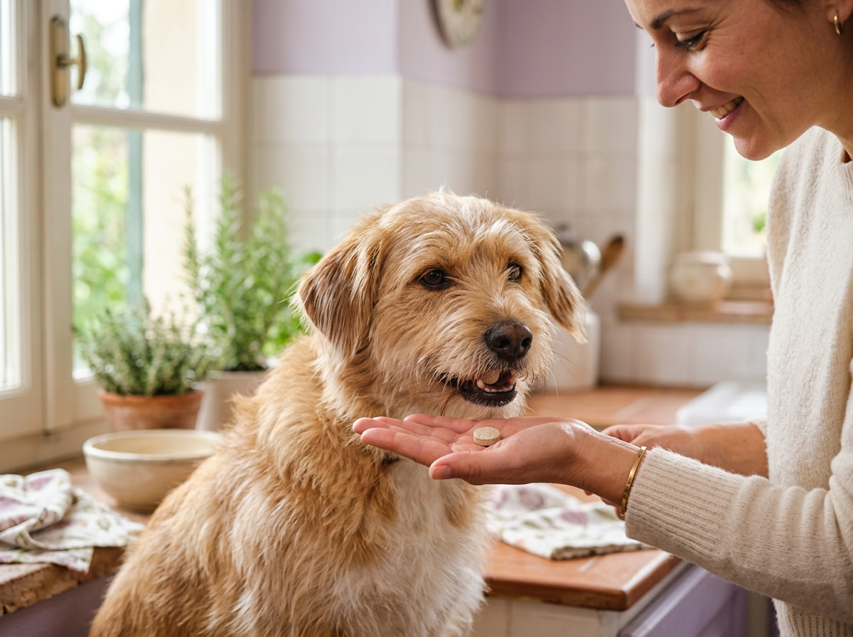 Cane che prende la compressa dal palmo della mano del padrone