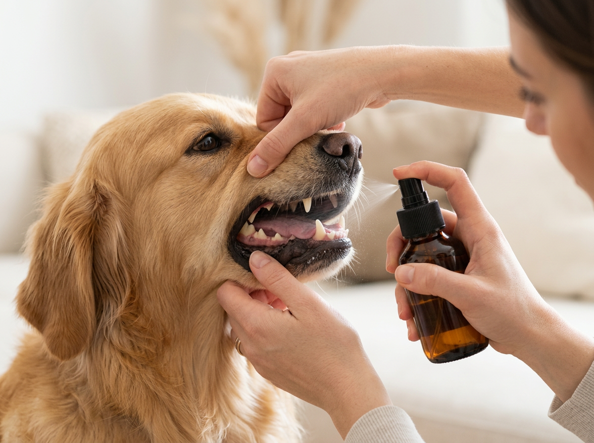 Mano che solleva delicatamente il labbro del cane e spruzza lo spray su denti e gengive