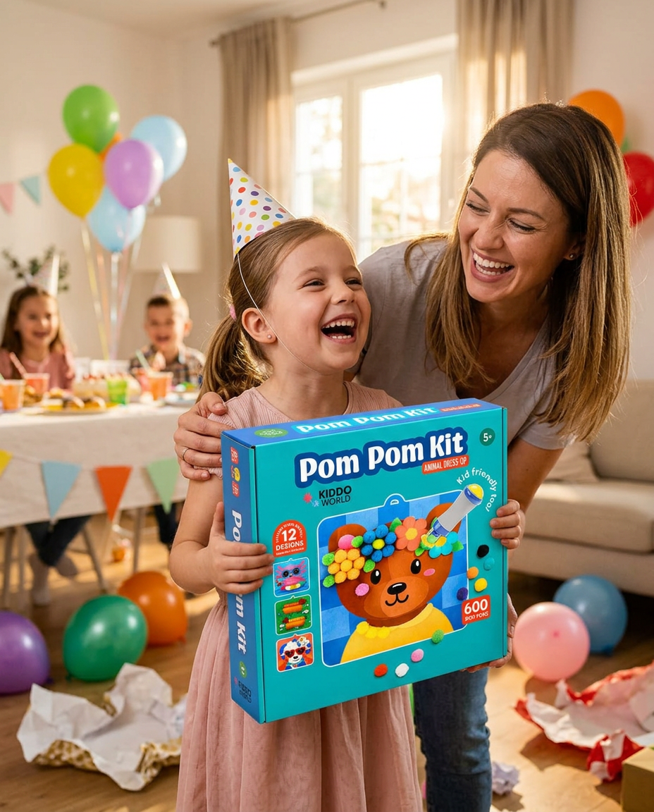Fetiță la petrecerea de ziua ei arătând fericită setul Pom Pom Kit despachetat, alături de mama ei care râde