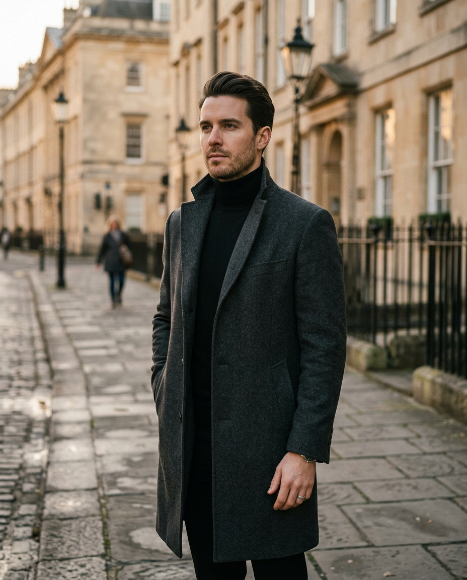 Man in a charcoal overcoat on a London street at golden hour