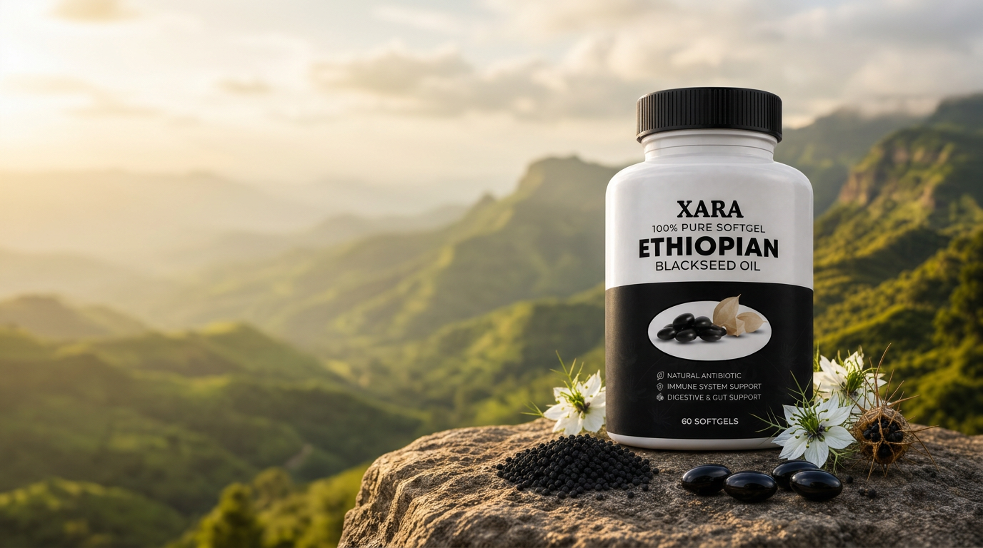 Xara Ethiopian Black Seed Oil bottle on a rock overlooking the Ethiopian highlands at golden hour
