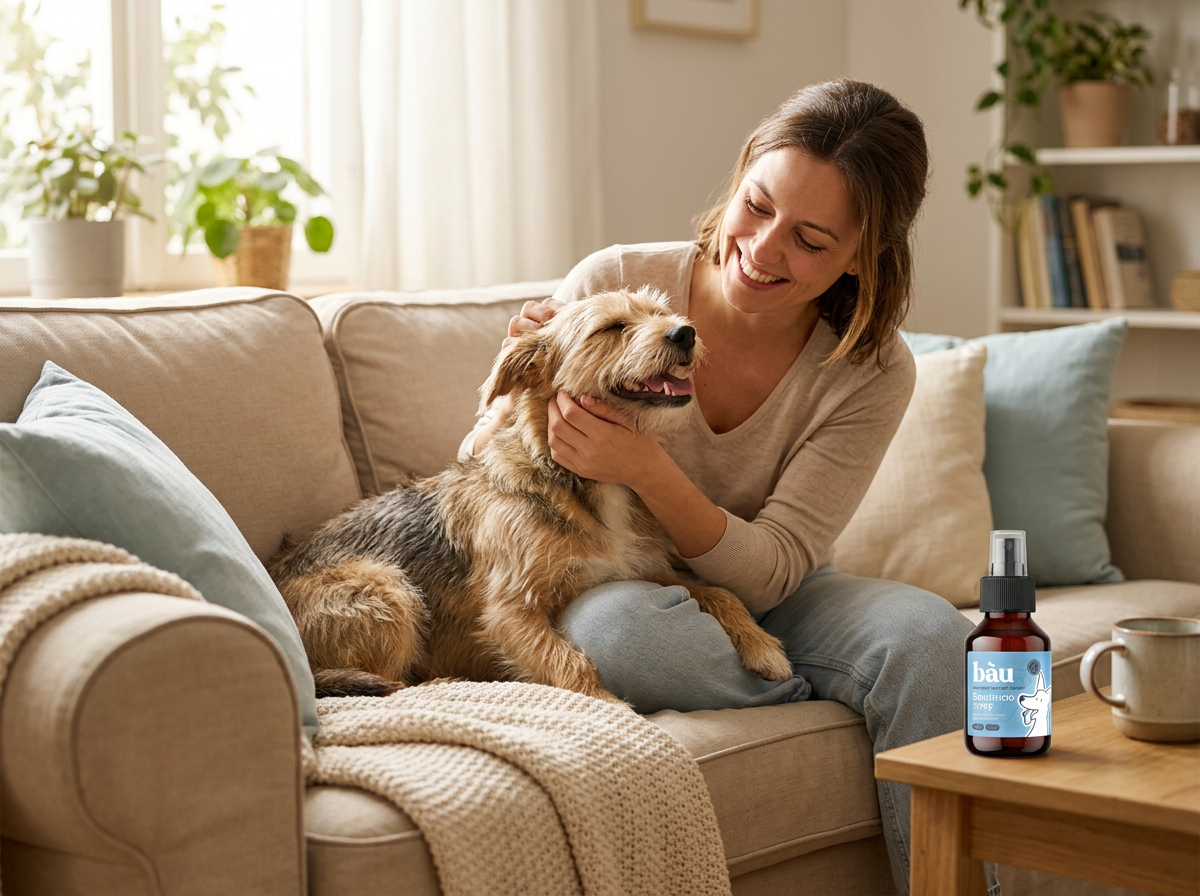 Donna sorridente che coccola il suo cane sul divano, con il Dentifricio Spray Bàu sul tavolino