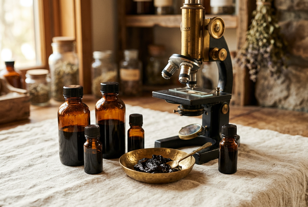 Amber lab vials and shilajit resin beside a microscope