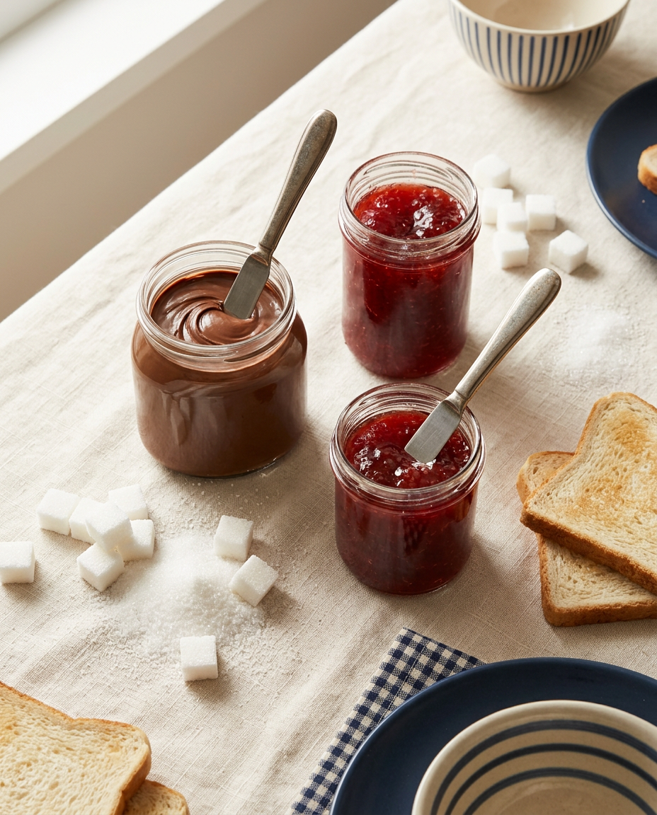 Jars of chocolate hazelnut spread and strawberry jam surrounded by spilled sugar cubes