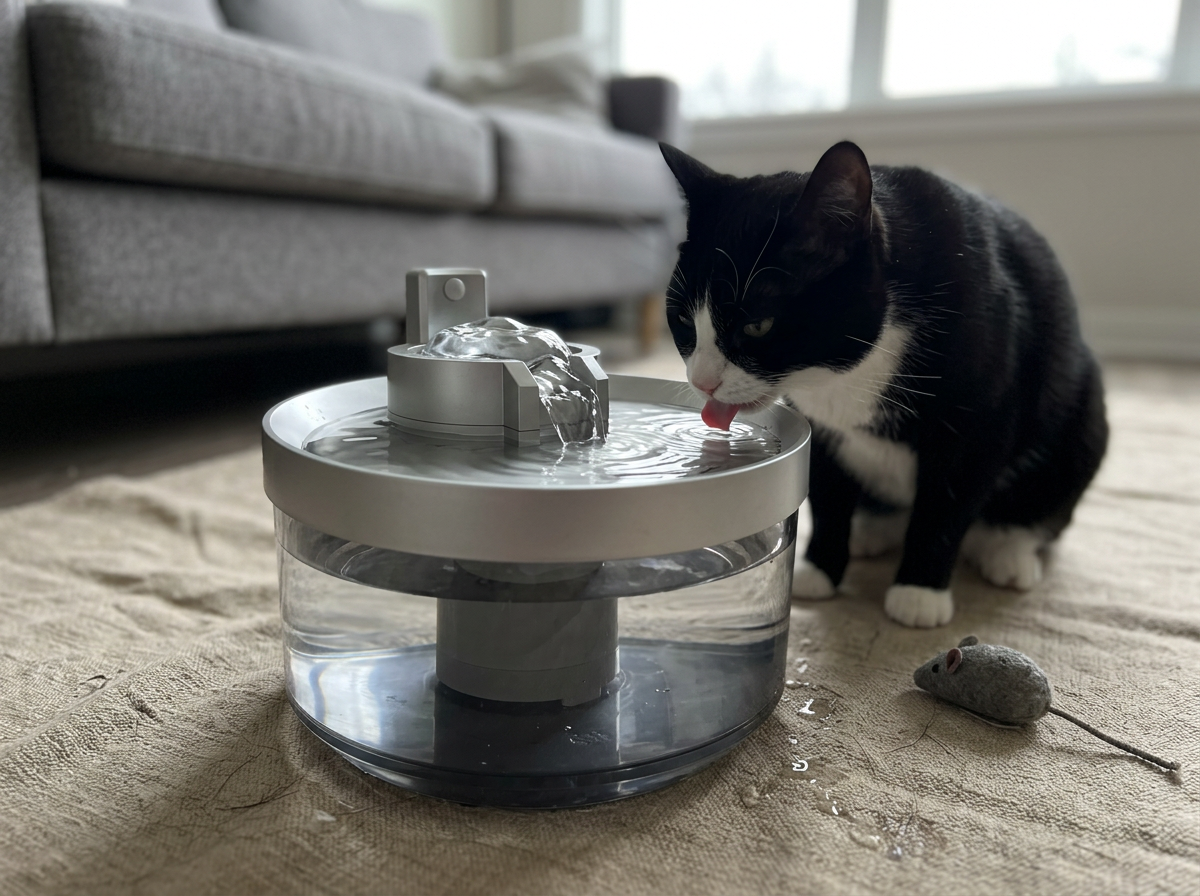 Customer photo: a tuxedo cat drinking from the cordless Meowsy fountain beside the living room sofa