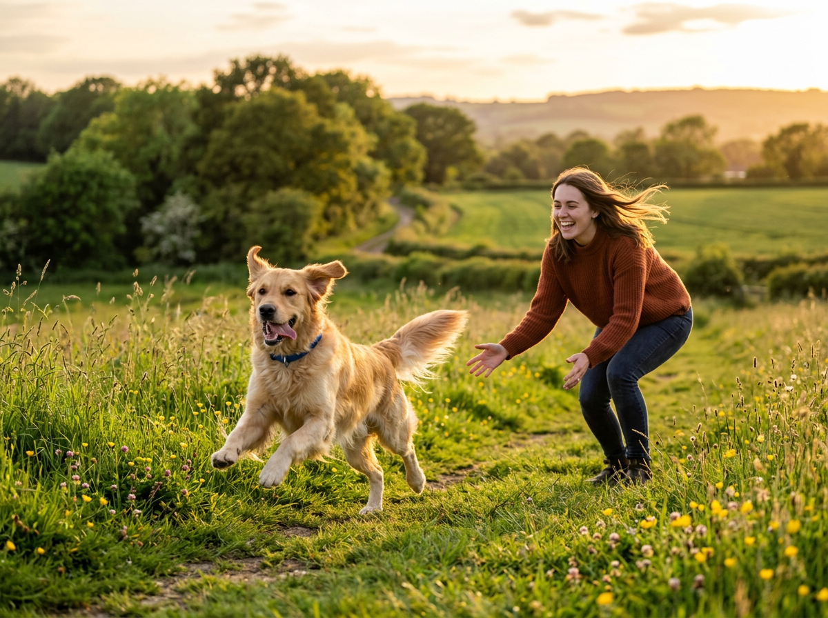Cane pieno di energia che corre su un prato verso il padrone