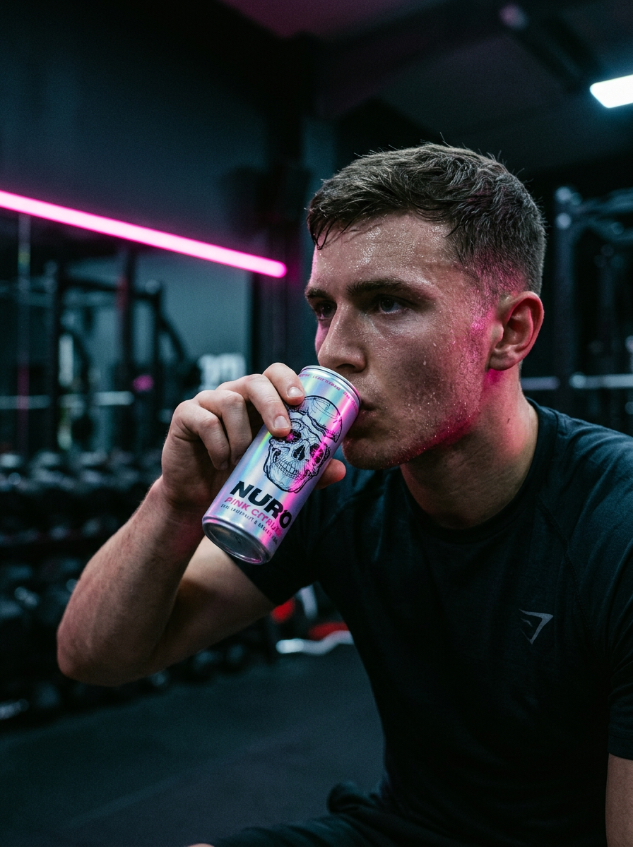 Athlete drinking Nuro Pink Citrush between sets in a dark gym with pink neon light