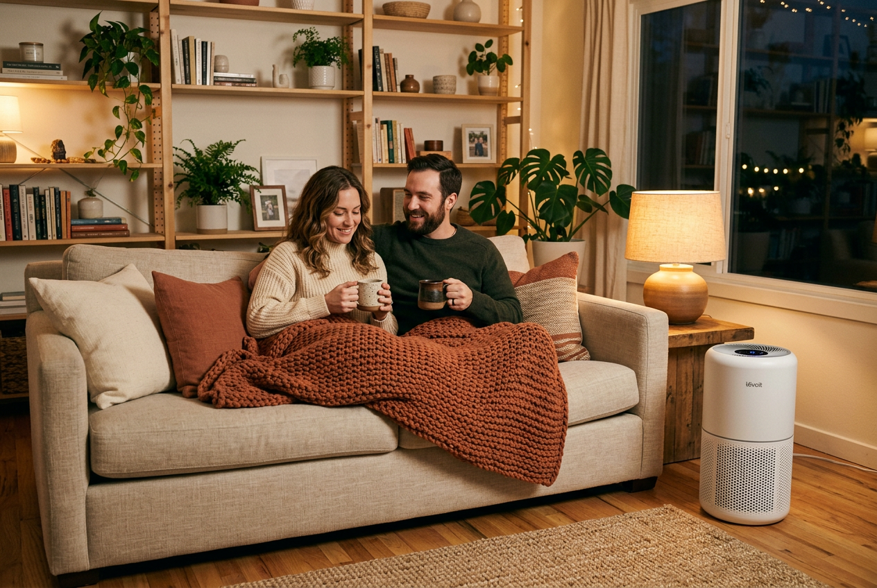 A couple relaxing under a knit blanket on a linen sofa beside an air purifier and a warm lamp