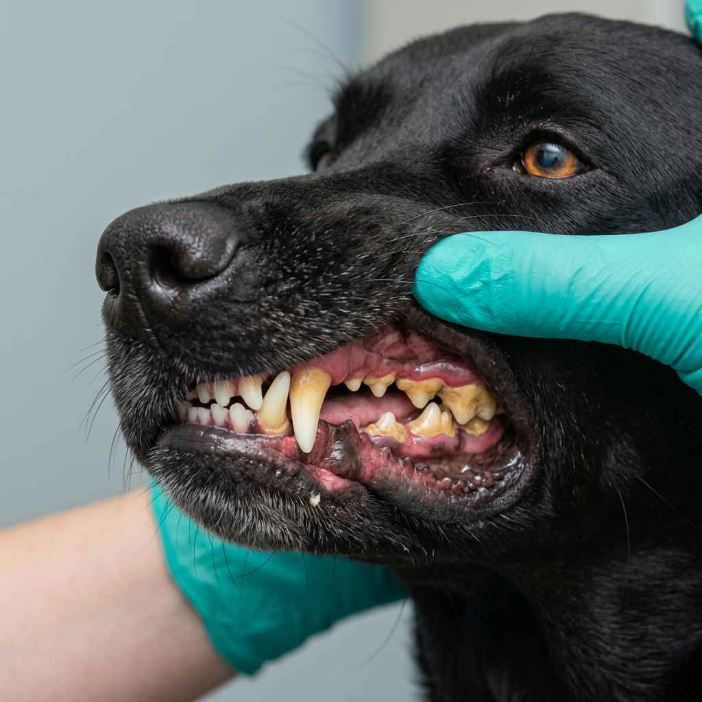 Prima: Labrador nero con tartaro abbondante sui molari e gengive irritate