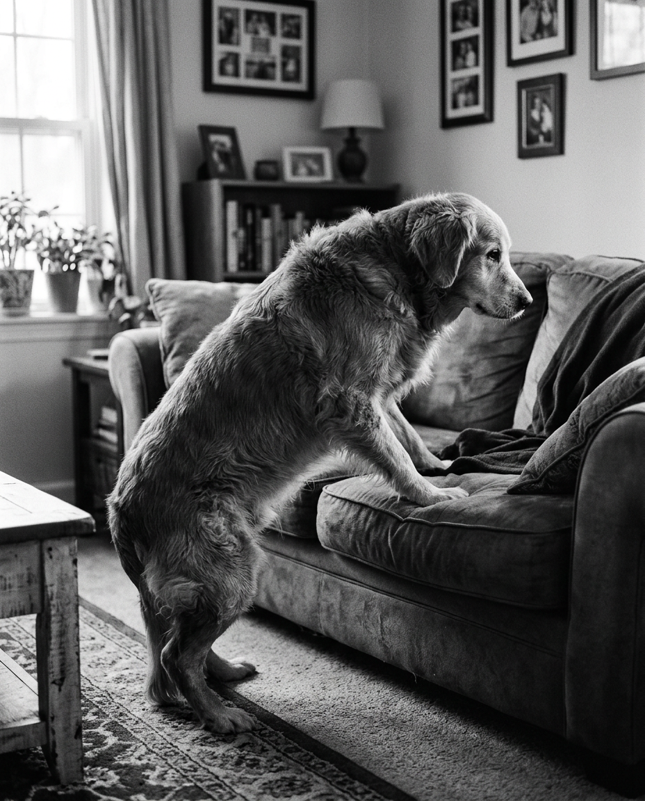 Golden retriever anziano con le zampe sul divano che fatica a saltare su