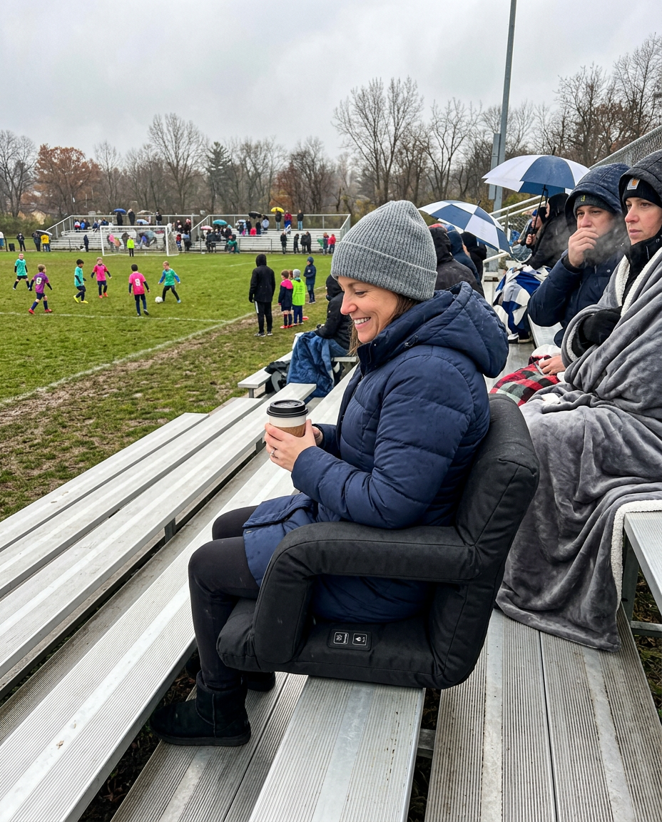 Mom warm and relaxed while other parents freeze under blankets