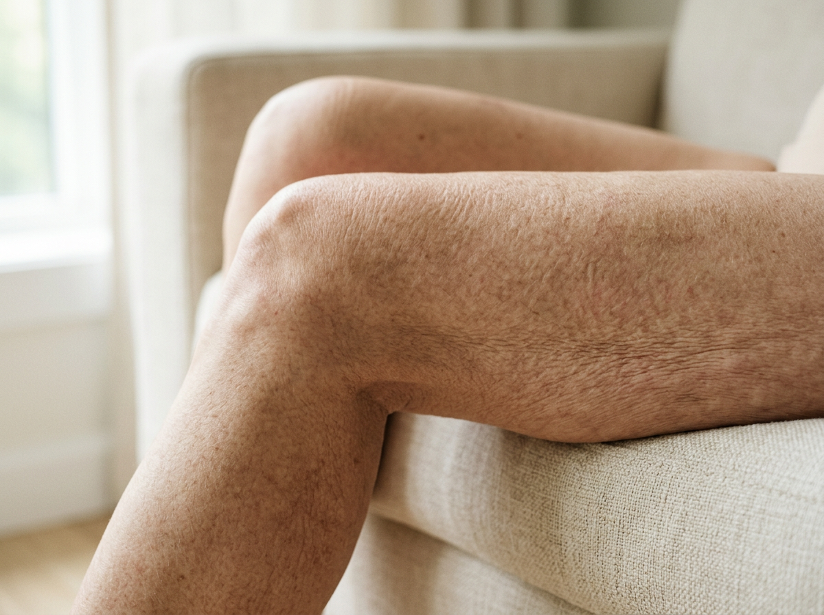 Before: crepey, uneven skin on the knee and thigh