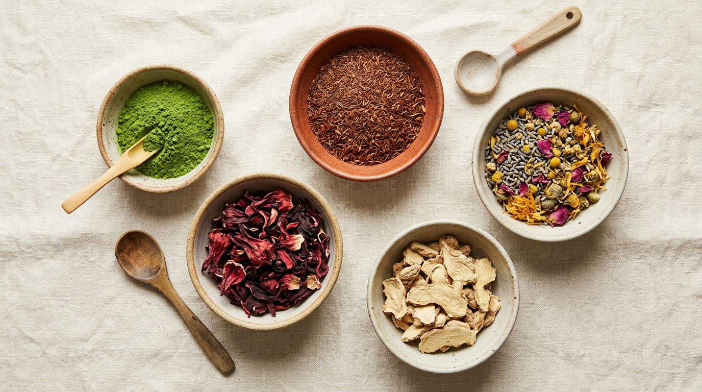 Bowls of loose-leaf herbal teas, matcha, ginger and dried flowers on a linen tablecloth