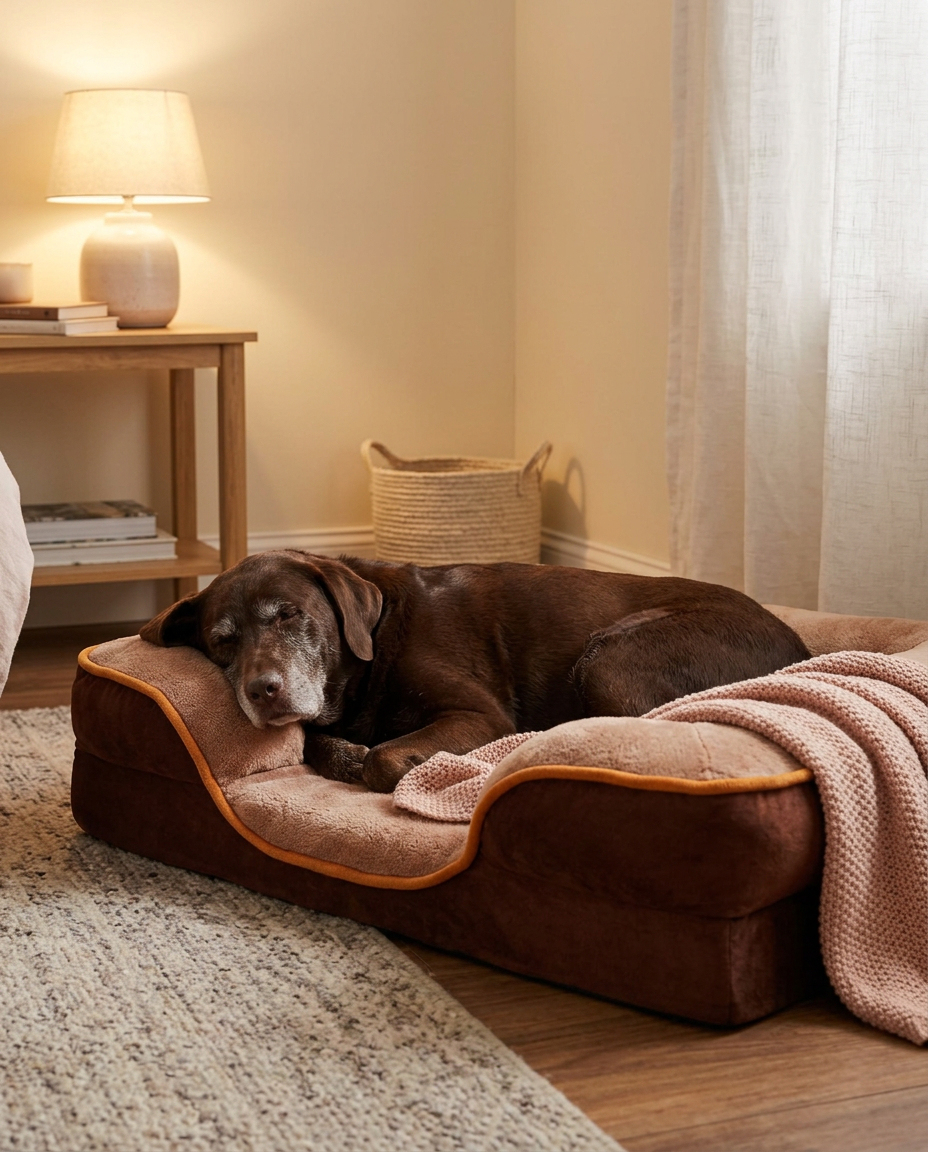 Senior labrador sleeping on a brown orthopedic dog bed