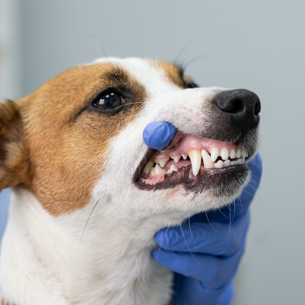 Dopo: lo stesso Jack Russell con denti più bianchi e gengive rosa