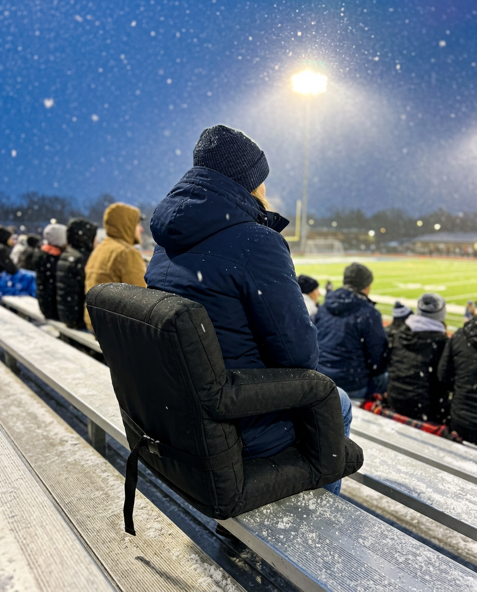 Fan sitting warm in a BleacherBoss heated seat at a snowy night football game