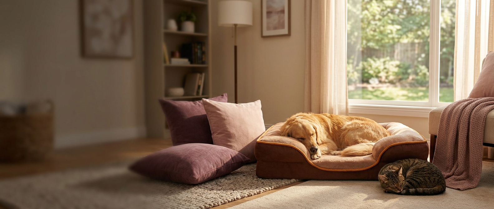 Golden retriever napping on an orthopedic dog bed with a tabby cat curled up nearby in warm afternoon light