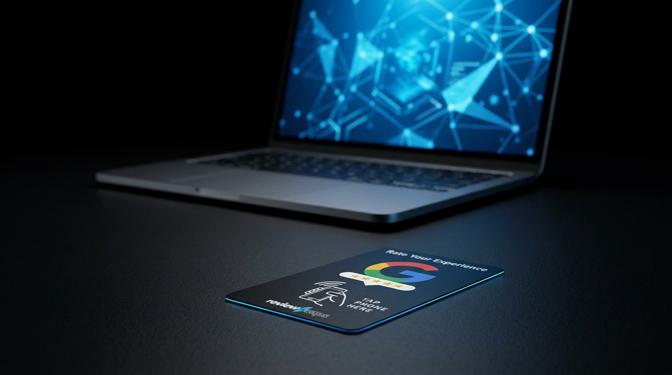An NFC Google Review Card on a dark desk in front of a laptop running review software