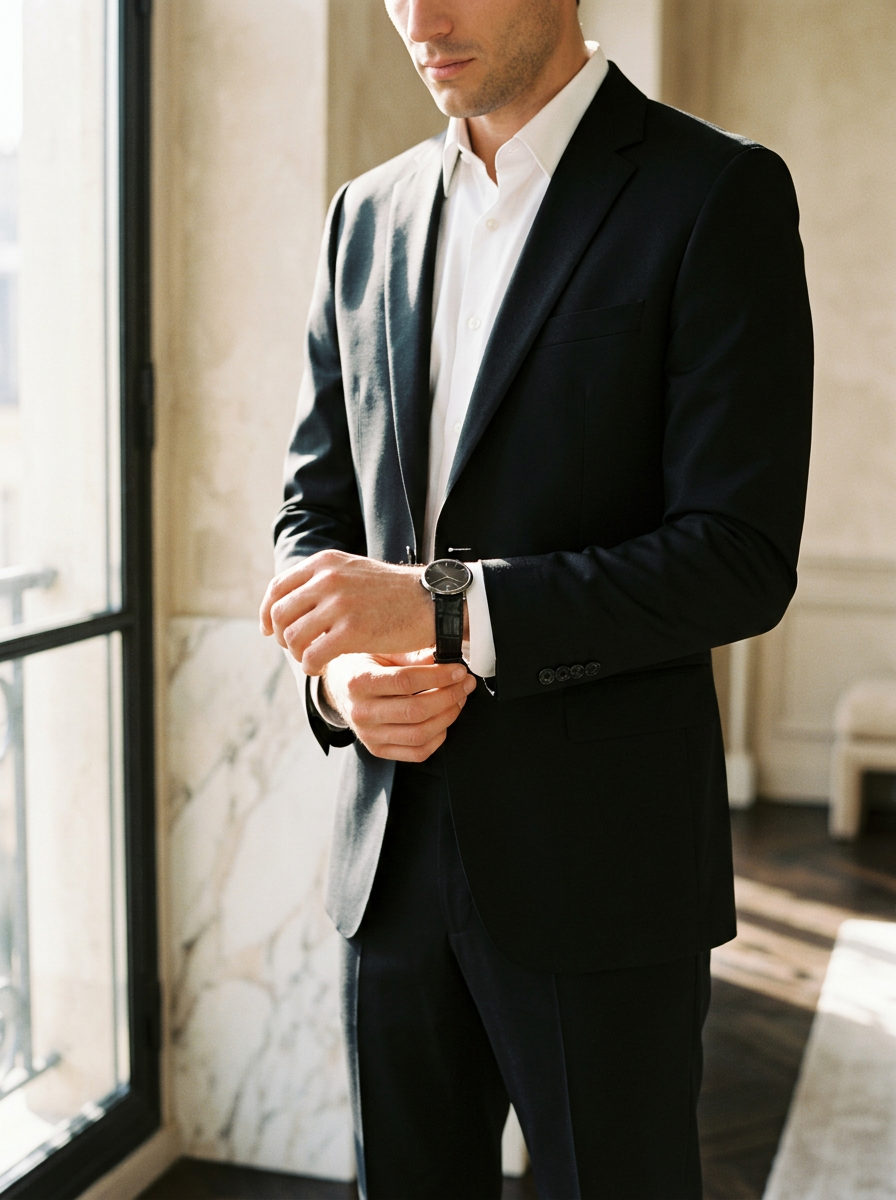 A man in a tailored black suit adjusting a dark crocodile-textured strap by a sunlit window