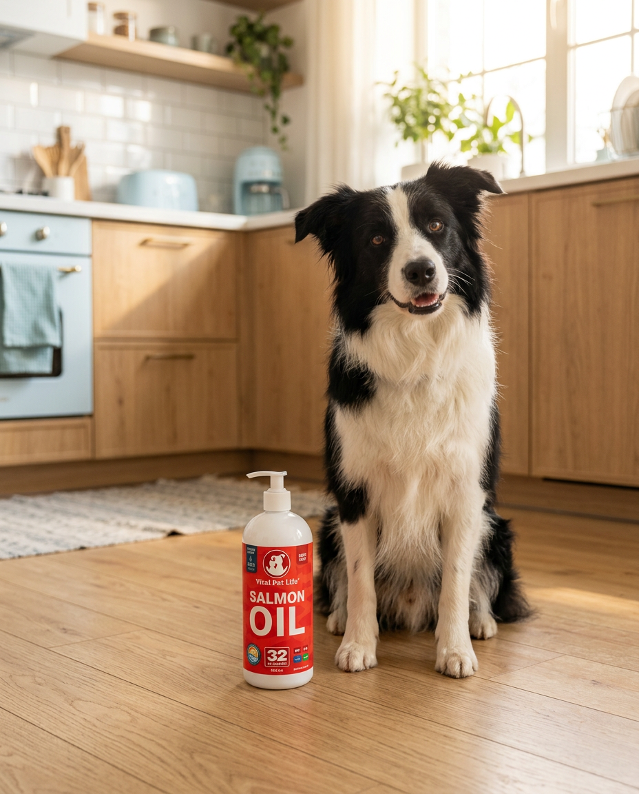 A happy border collie sitting in a bright kitchen beside a bottle of Vital Pet Life Salmon Oil