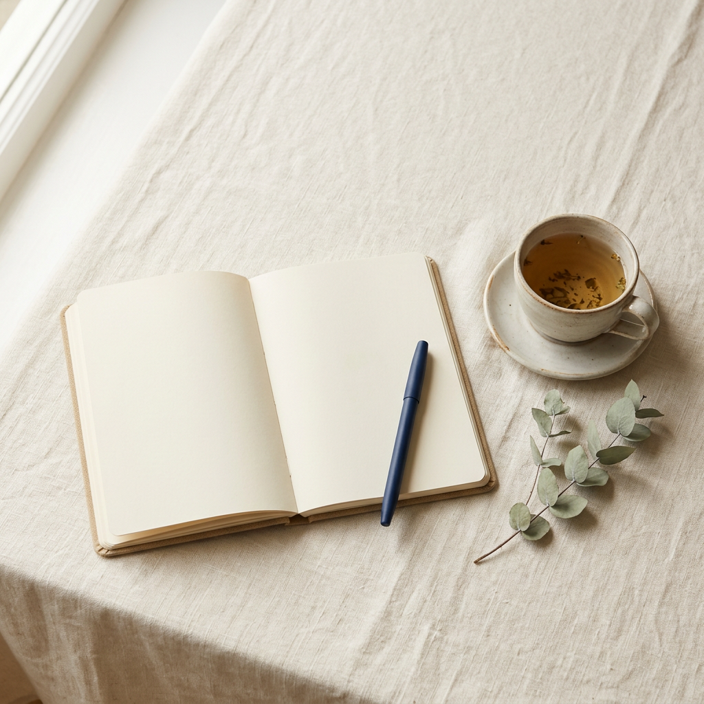 An open blank notebook with a pen beside a cup of herbal tea and a sprig of eucalyptus
