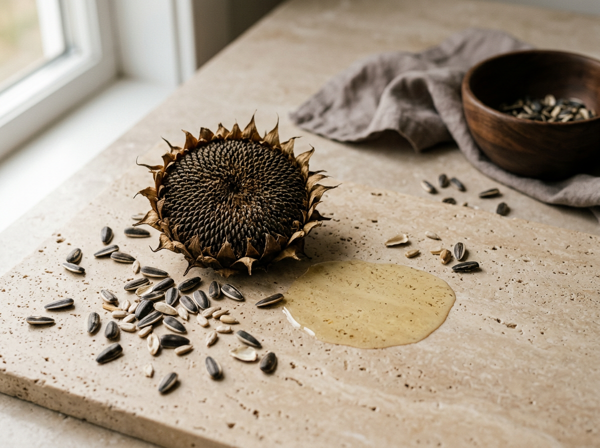 Sunflower seeds and golden oil on stone