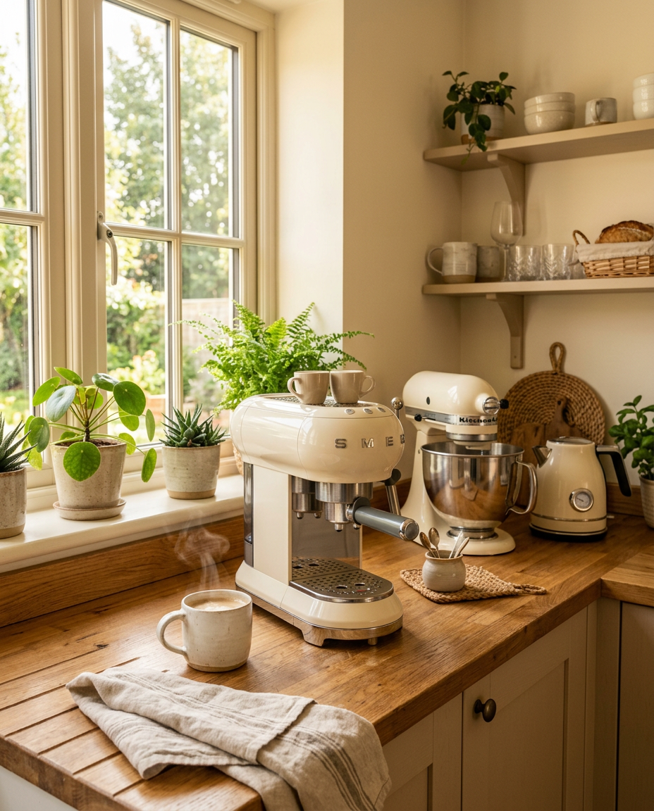 Cream espresso machine, stand mixer and kettle on an oak kitchen counter