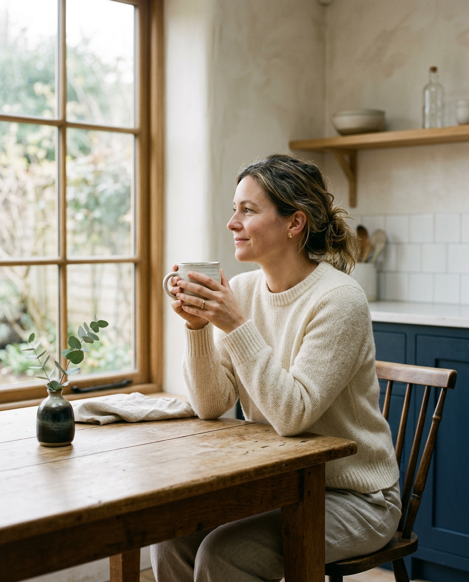 A relaxed woman at a kitchen table holding a mug of tea and looking out the window