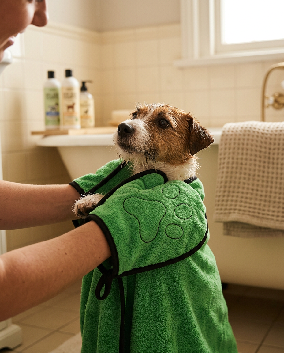 Small terrier wrapped in a green microfiber towel after a bath