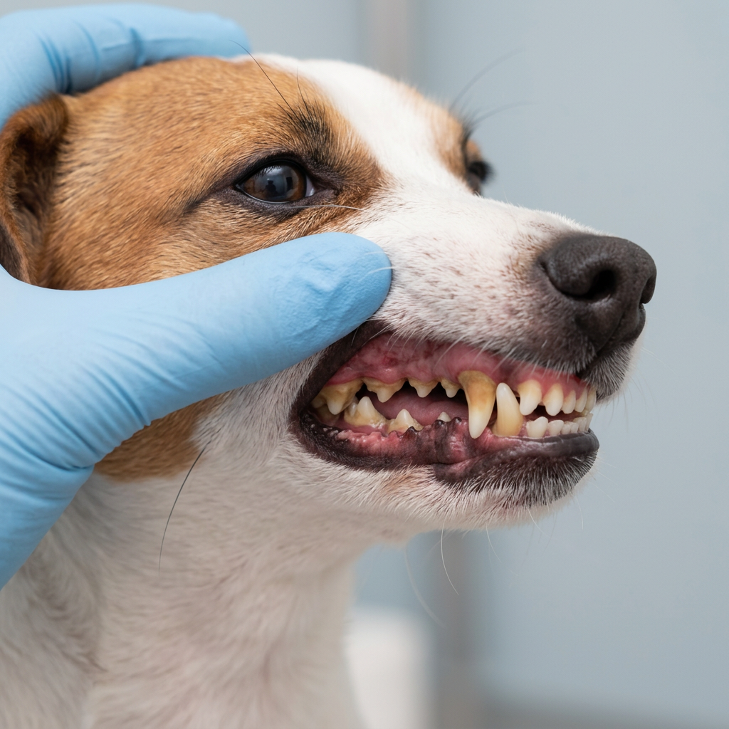 Prima: Jack Russell con denti gialli, tartaro alla base e gengive arrossate