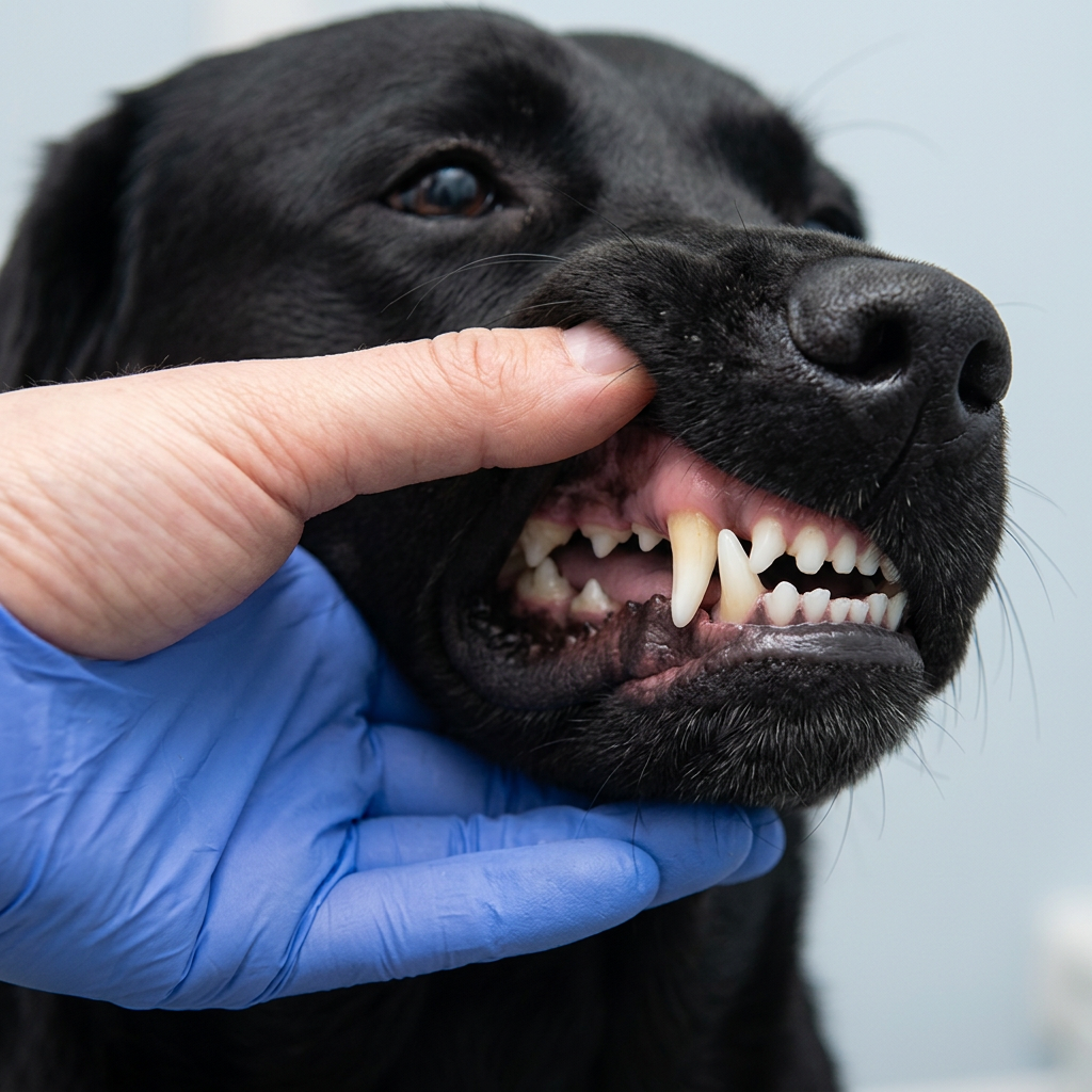 Dopo: lo stesso Labrador nero con denti più bianchi e gengive calme