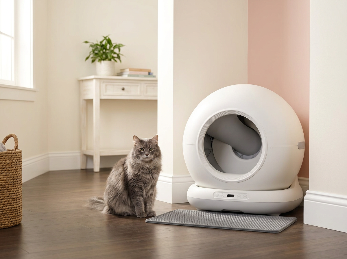 Fluffy grey cat sitting beside a white self-cleaning litter box in a bright hallway nook