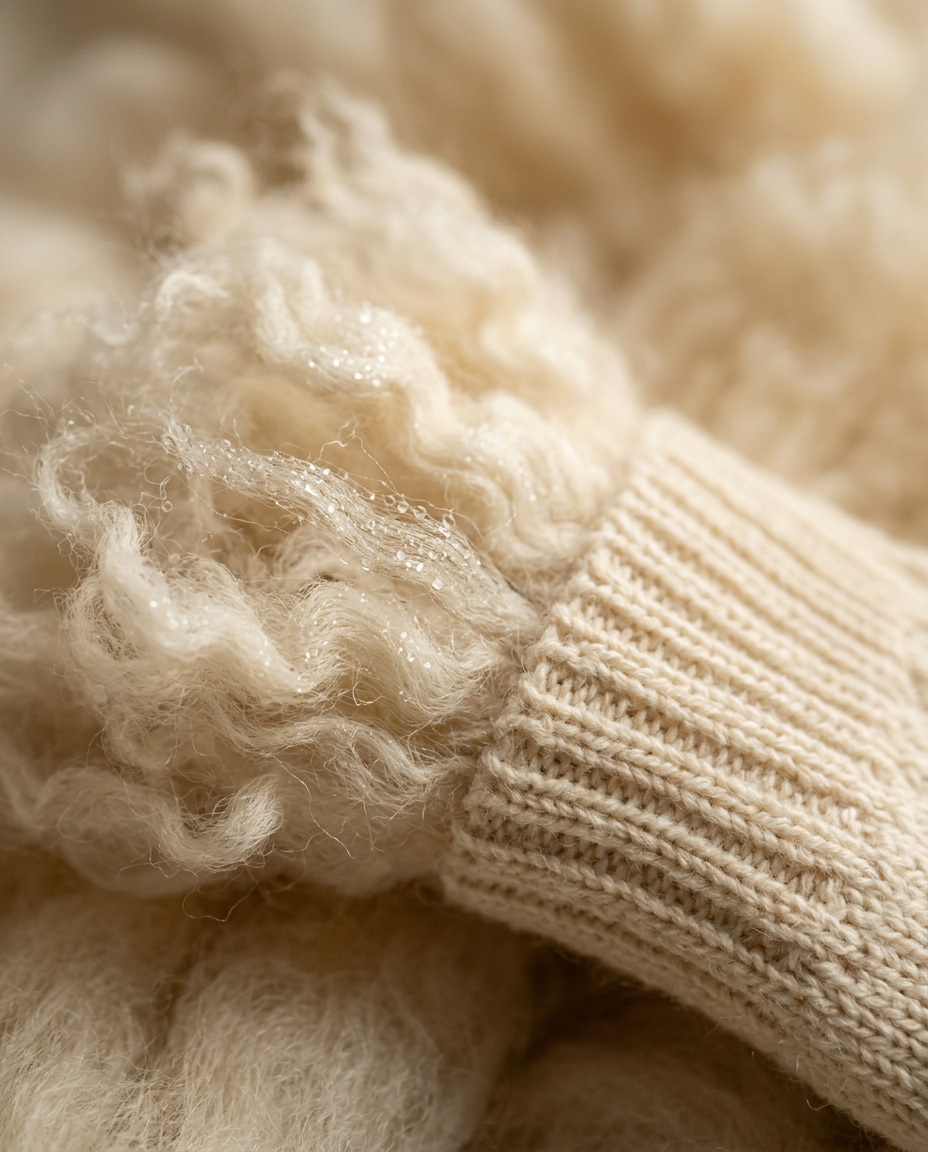 Macro close-up of soft crimped Merino wool fibers turning into a fine knitted sock fabric